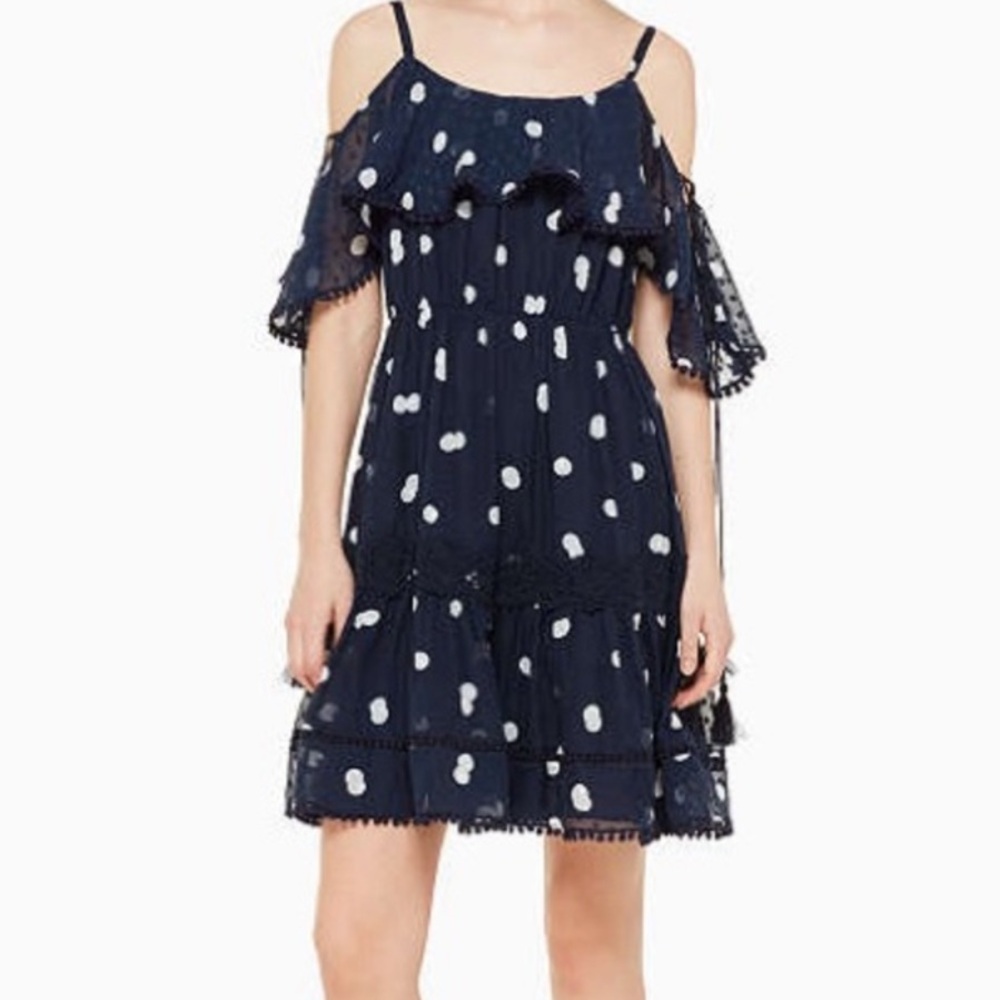 Kate Spade Madison Avenue Silk Dot Open Shoulder‎ Dress Navy Size 2 Mini Short